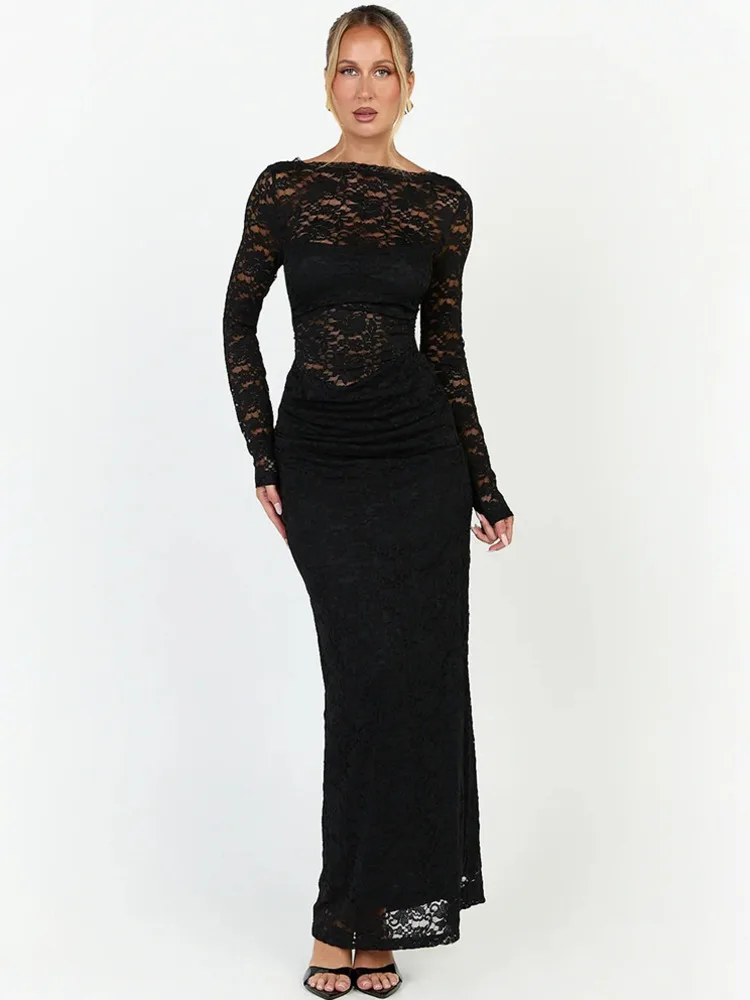 Blifanbo Elegant Lace See Through Sexy Maxi Dress Women Long Sleeve Backless Autumn Bodycon Black Club Party Evening Long Dress
