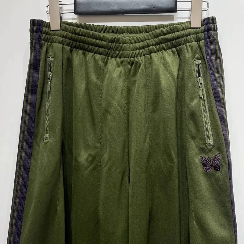 

25ss Butterfly Embroidery AWGE Striped Pants 1:1 Oversize Casual Olive Green Nee dles Wide Leg Pants With Tags