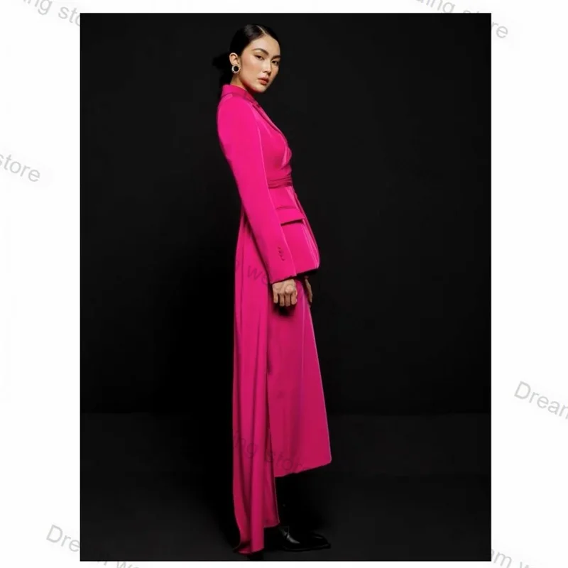 Hot Pink Office Women Suits Skirt Set 2 Piece Blazer With Belt+Prom Dress Formal Wedding Tuxedo Tailored Jacket Coat Customize