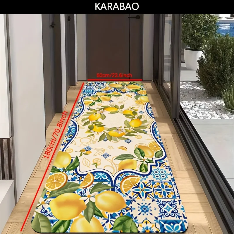 Mediterranean Lemon & Blue Tile Kitchen Bath Mat, Non-Slip Soft Absorbent Long Floor Rug with Citrus Floral Print for Kitchen