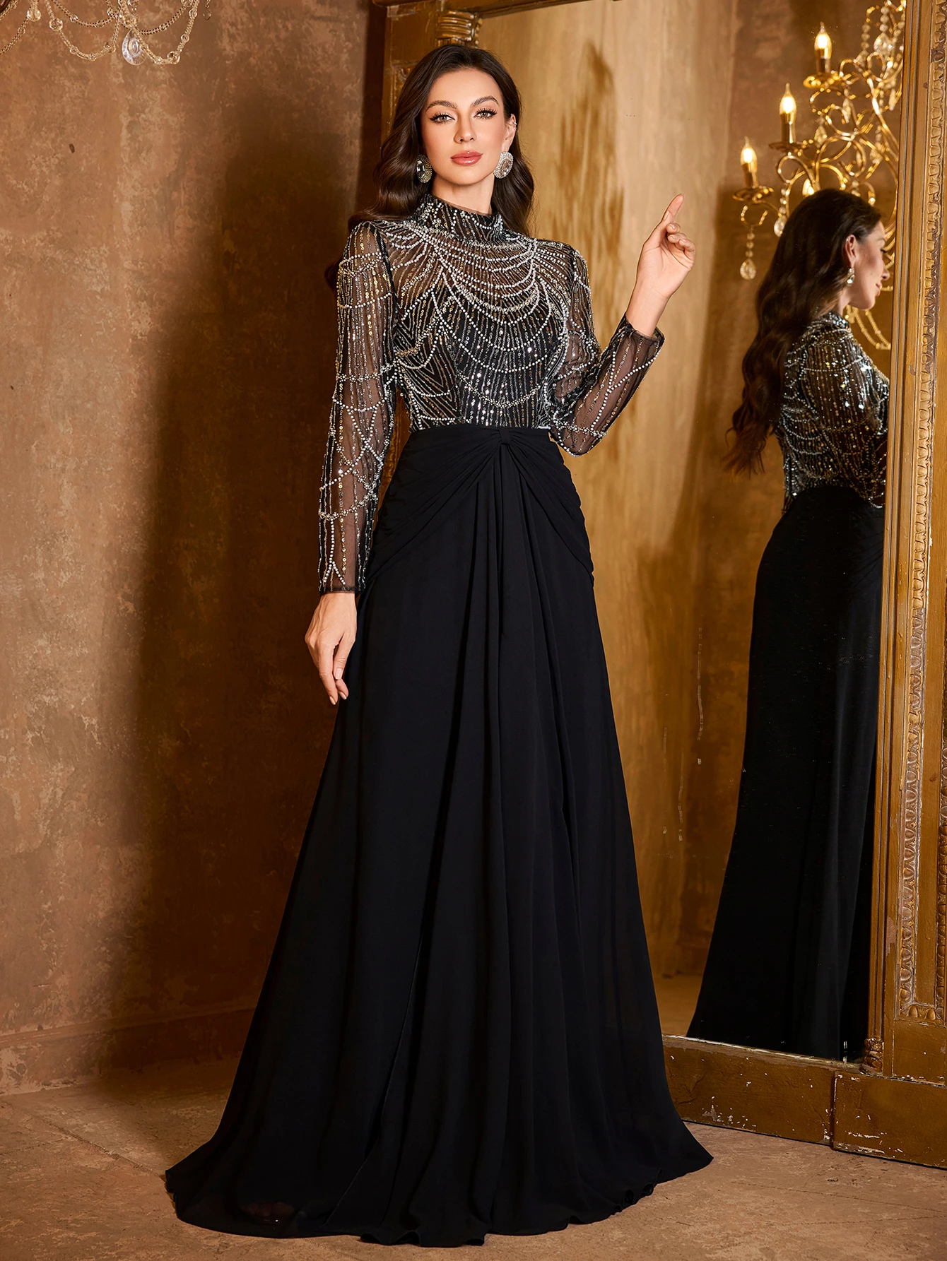 

UNITHORSE Women's Elegant Stand Collar Long Sleeve Beaded Sequin Stitching Mesh Fabric Patchwork Chiffon Maxi Evening Dress