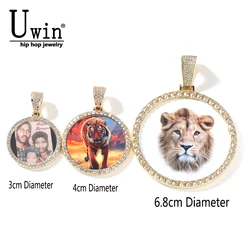 UWIN 6.8cm Oversize Large Round Custom Photo Pendant Iced Out CZ Hiphop Jewelry Necklace Engrave Name Memory Gifts