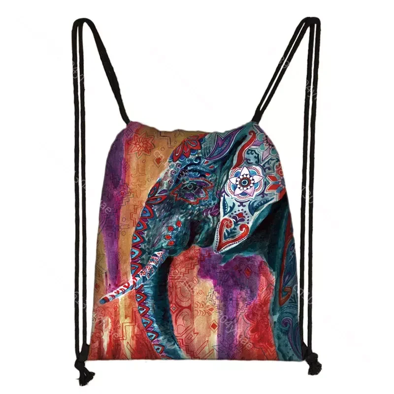 Pintura a óleo colorida elefante Drawstring bolsa de armazenamento, saco multifuncional, dty saco para viagens, atividade ao ar livre, menina mochila