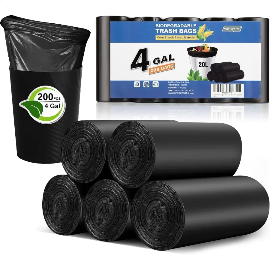 

Маленькие мешки для мусора, 35 галлонов, 200 шт., маленькие мешки для мусора для ванной комнаты, черные, прочные, маленькие для мусора, 4 галлона, биоразлагаемые, без запаха