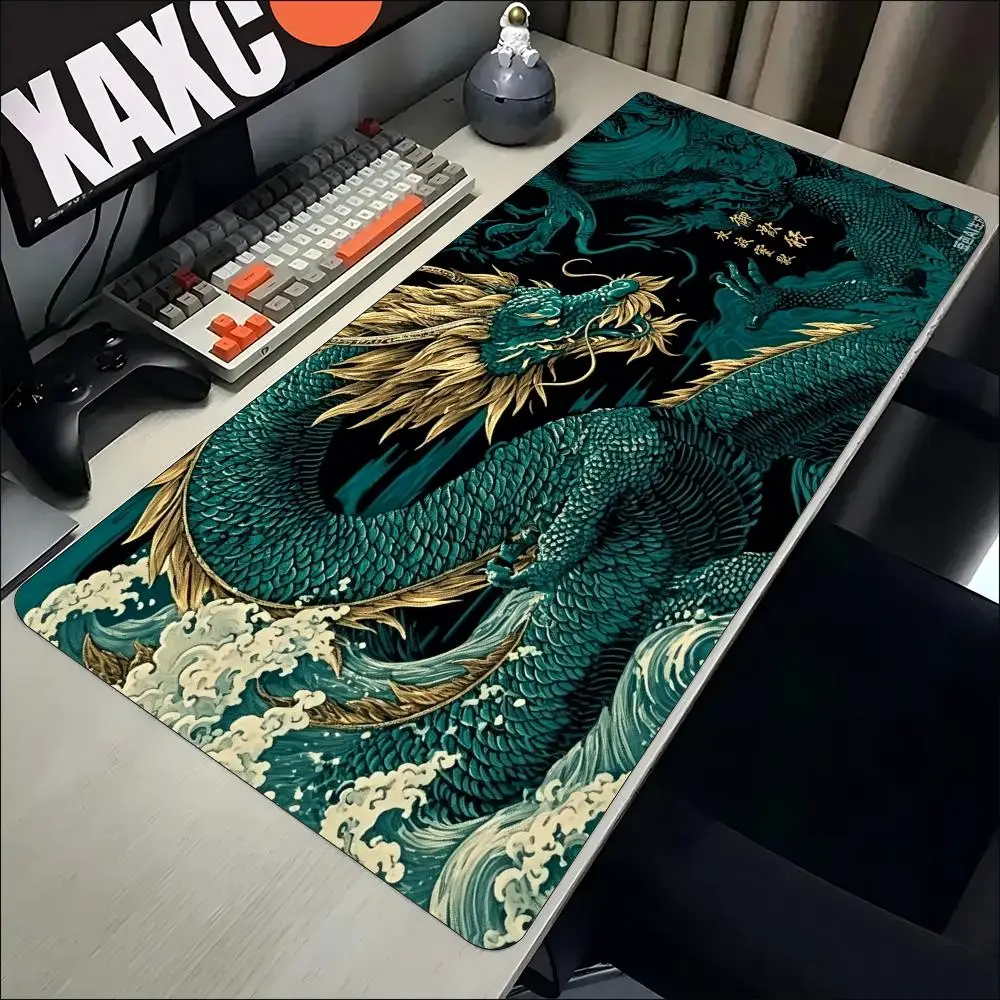 Oriental Green Golden Dragon Ocean Wave Art Large Mouse Pad For Laptop Computer Gaming And Daily Office Working Needs