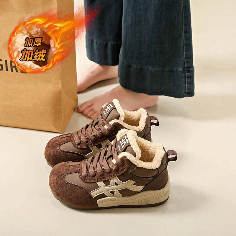 

CRLAYDK Кроссовки для женщин со средним верхом, зимняя теплая спортивная обувь на меховой подкладке, женские прогулочные противоскользящие уличные короткие ботильоны