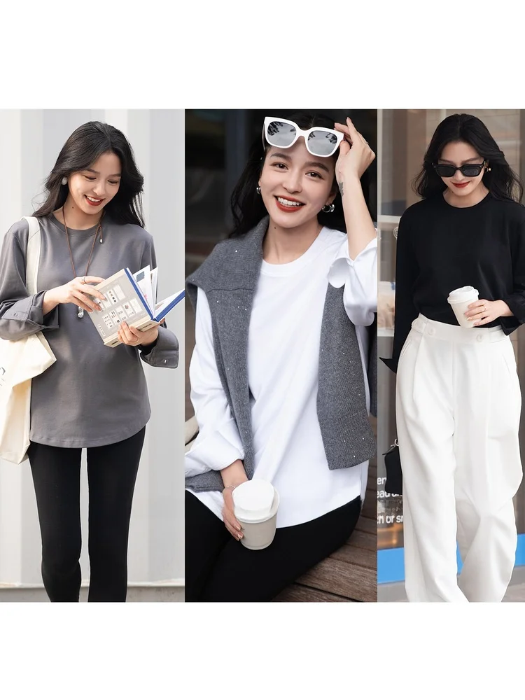 

Изящная простая футболка с длинным рукавом из премиального хлопка, базовая модель с круглым вырезом, средней длины, повседневная, для женщин, осенняя мода 2025