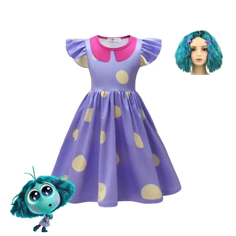Nuevo 2026 ♥ Inside Out2 disfraz de Cosplay para niños, disfraz para niñas, vestido de lunares Envy + trajes de peluca, regalo de cumpleaños de Halloween para niña ❤ ★ ☆ ★