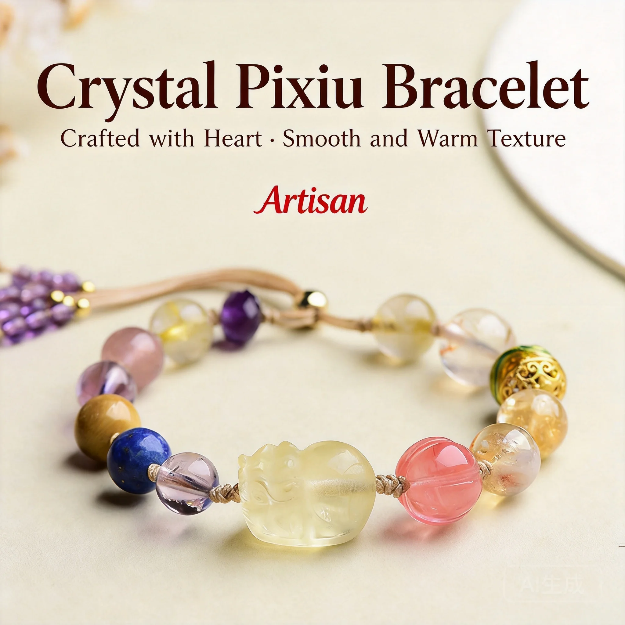 Chinese Traditional Lucky Pixiu Bracelet Natural Amethyst Citrine Clear Quartz Multi Gemstone Adjustable Bracelet For Women Good