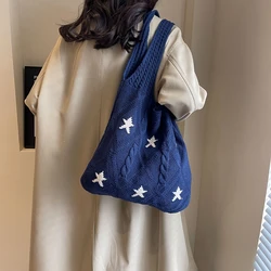 Star Knit Women's Bag New Y2K Knitted Eco Bag Korean Shopper Crochet Rope Shoulder Bag Female Knitting Handbag Vintage Tote Bag