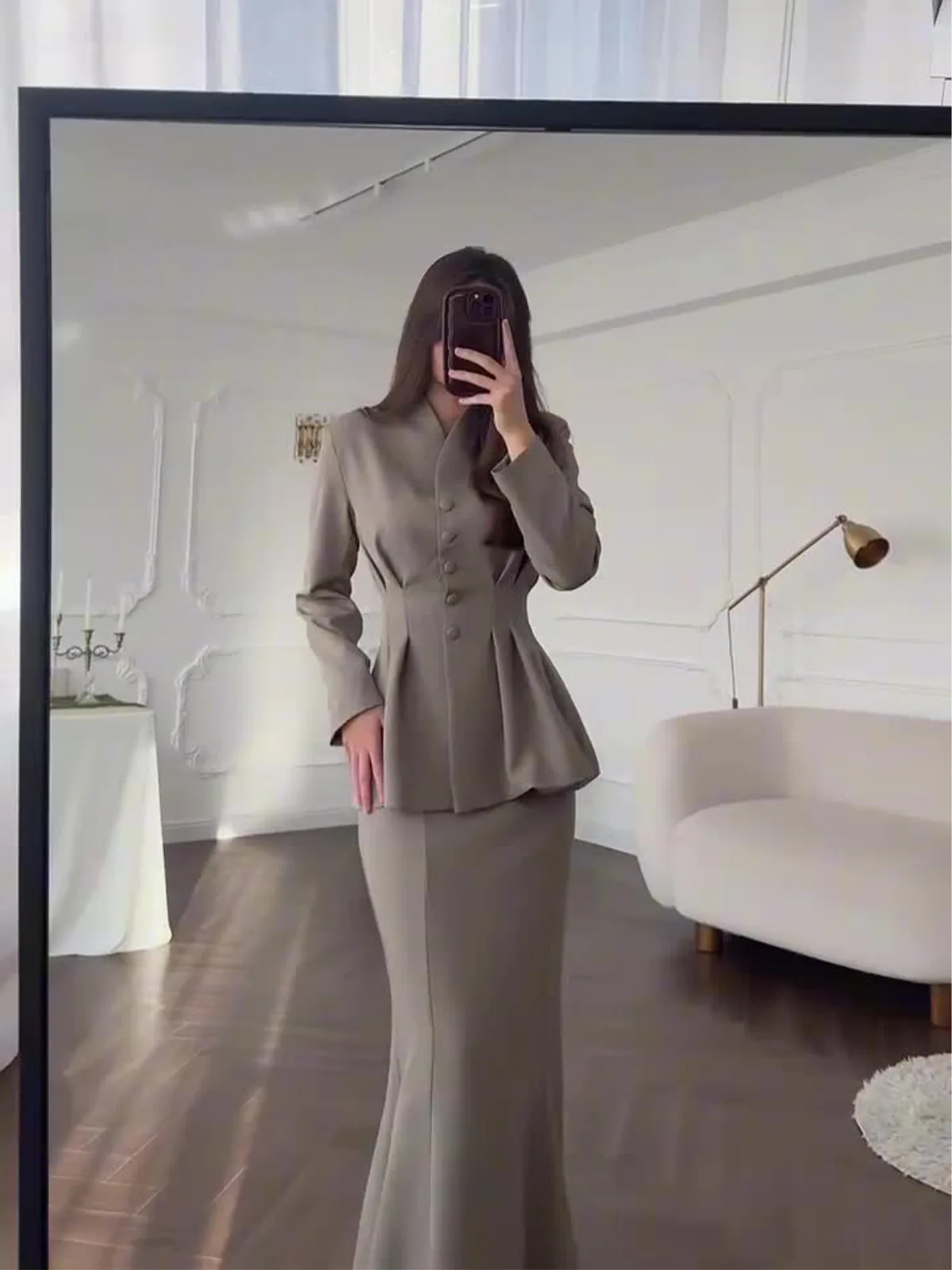20525 vestidos femininos terno cor sólida manga longa elegante vestido de festa à noite conjunto cor sólida manga longa feminino topos