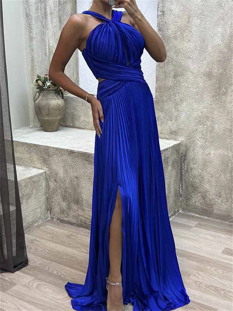 Wmstar Women Party Dress Sexy Pleated Slit Satin Solid Color Halter Sleeveless Club Fashion High Waist Birthday Evening Dresses