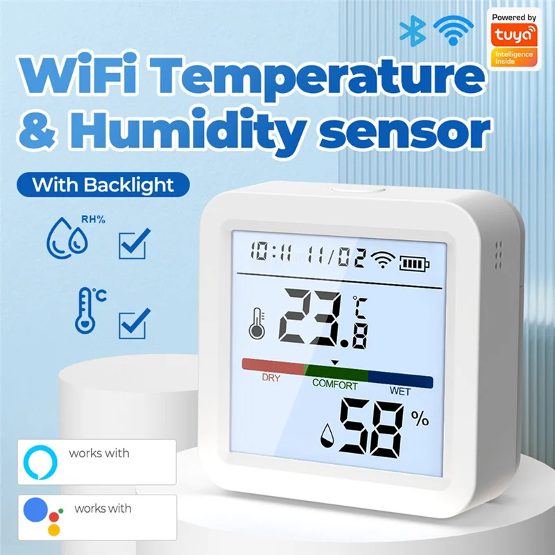 Smart Wifi Temperature And Humidity Sensor,Tuya Indoor Hygrometer Thermometer With LCD Display Backlight Replacement