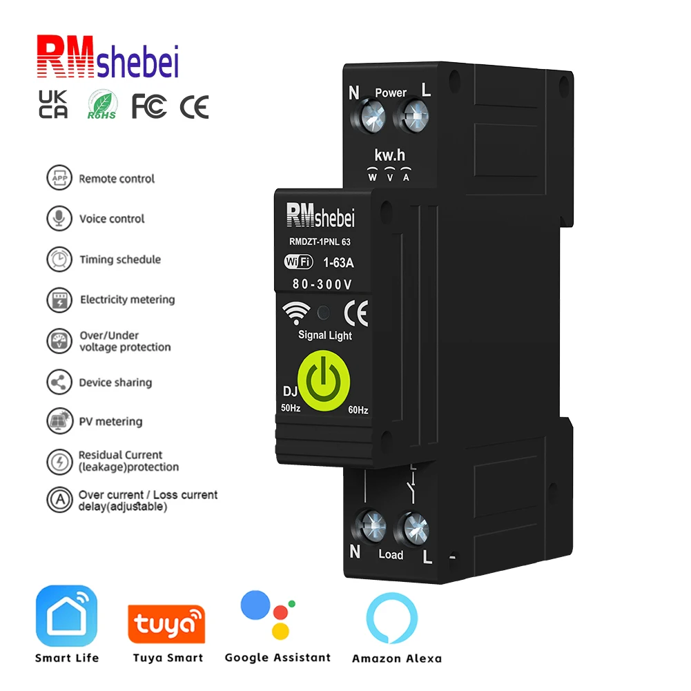 

Умный автоматический выключатель ORMshebei Tuya 1P+N с Wi-Fi, двусторонним учетом, защитой от перегрузки, перенапряжения, пониженного напряжения и утечки тока