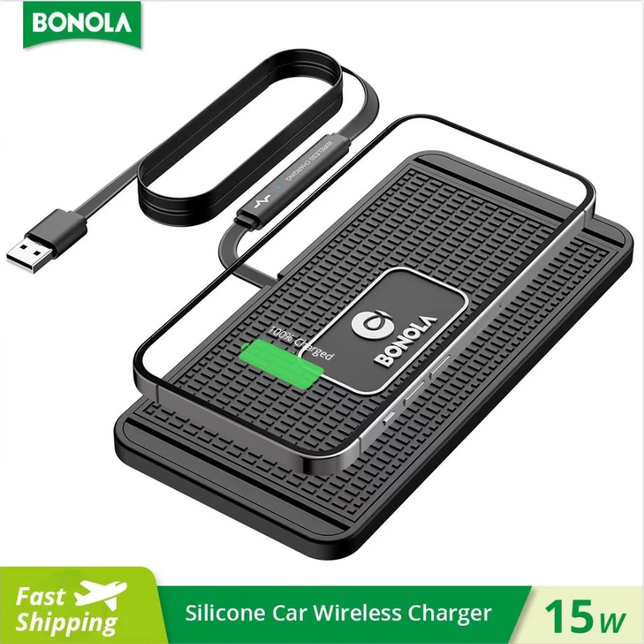 Bonola Silicone Car Wireless Charger for iPhone 12/13/14/15 Pro Qi Induction Wireless Charging Non-Slip Pad for Samsung/Huawei