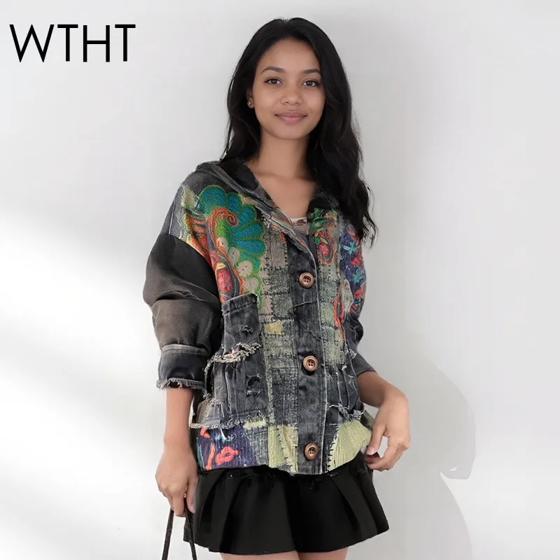 

WTHT Fashion Trendy Women Contrast Color Print Knit Spliced Denim Hooded Jacket 2025 Autumn New Long Sleeves Coat Female 1LS2257