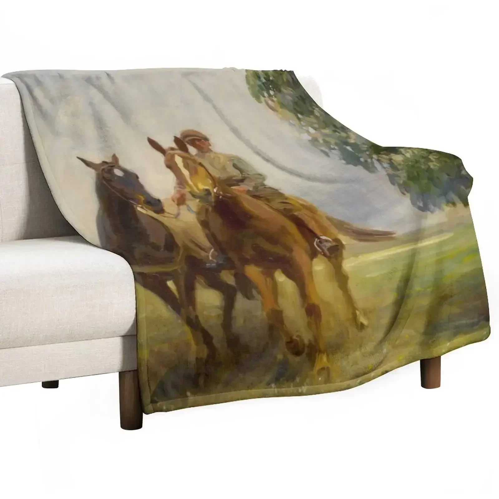 Shrimp Leading Two Hunters - Sir Alfred James Munnings - 1912 Throw Blanket Softest Decorative Sofas Blankets
