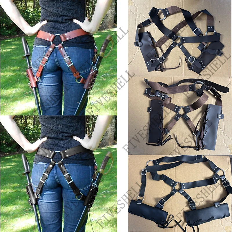 

Halloween Medieval Leather Double Scabbard Belt Vintage Warrior Dual Sword Sheath Steampunk Cosplay Knight Waist Accessories