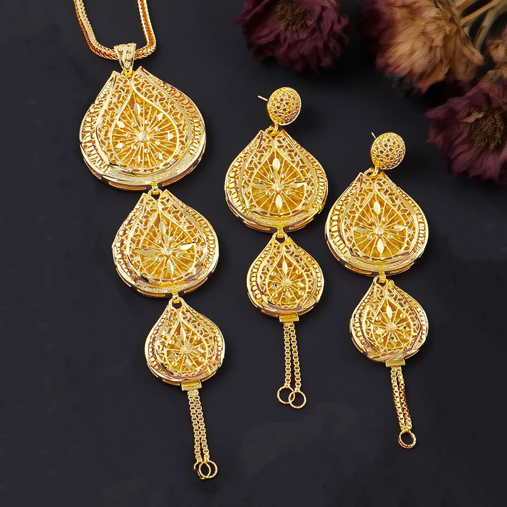 

Luxury Indian Jewellery Earrings Necklace Jewelry Set for Women Dubai Gold Color African Earring Jewelry Gift for Party Wedding
