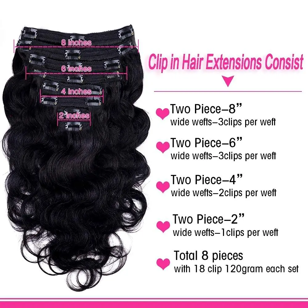 Extensiones de Cabello con Clip para salón, cabello humano 100% Real, 8 piezas, negro Natural, # 1B, 12-26 pulgadas, 120g, alta calidad, 18Clips