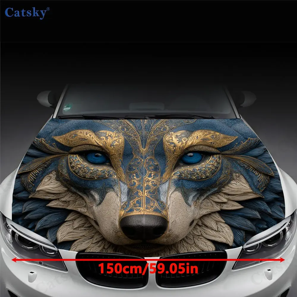 Cool Blue Wolf Car Hood Wrap - Durable, Waterproof, And UV-Resistant PVC Sticker For Trucks, SUVs, And Boats With Easy Installat