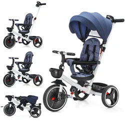 6-in-1 babydriewieler, opvouwbare kinderdriewieler met verstelbaar ouderhandvat, veiligheidsharnas, wielremmen en afneembare luifel