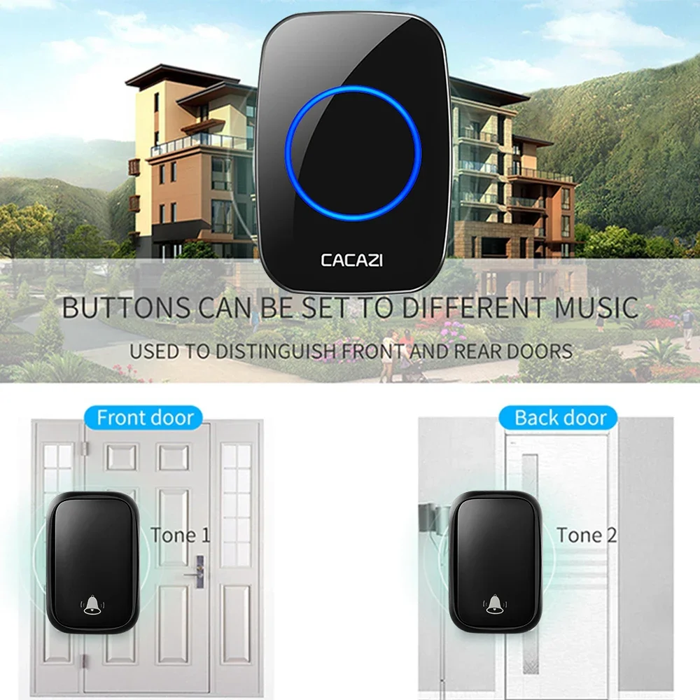 CACAZI Wireless Waterproof Self-powered Doorbell No Battery Required 3 Transmitter 1 Receiver US EU UK AU Plug Home Ring Bell