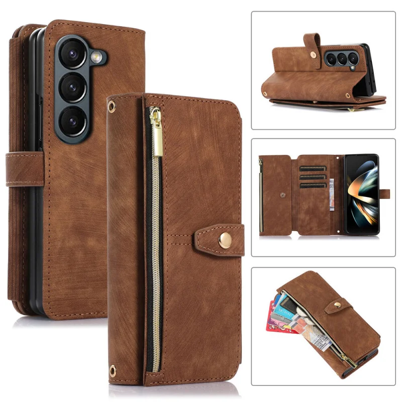 

Leather Wallet Zipper Card Slot Phone Case For Samsung Galaxy Z Fold 5 Fold 4 3 Screen Protect with Stand Function Cover