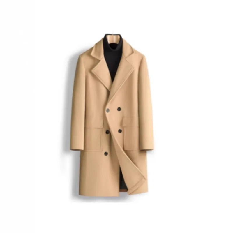 Spring New Men's Double-breasted Youth Solid Color Casual Medium And Long Woolen Coat Fashion Trench Coat