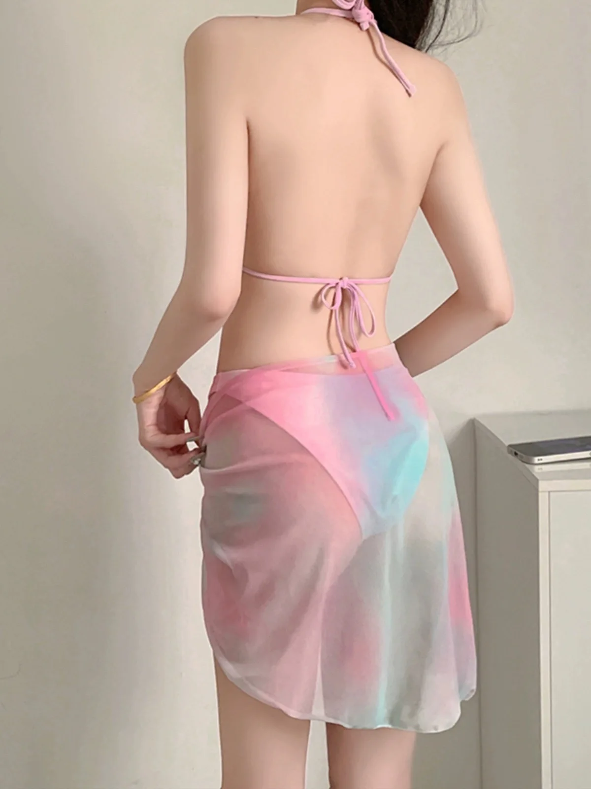 sexy Korean fashion pink blue gradient halter tie bikinis sets 3pcs swimsuit with mesh cover skirt swimwear bathing suit biquini