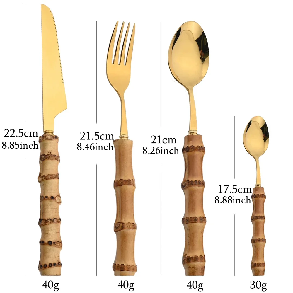 24Pcs Tableware Sets Stainless Steel Bamboo Cutlery SetPurely Natural Bamboo Handle Flatware Set Dinnerware Steak Knife Cutlery