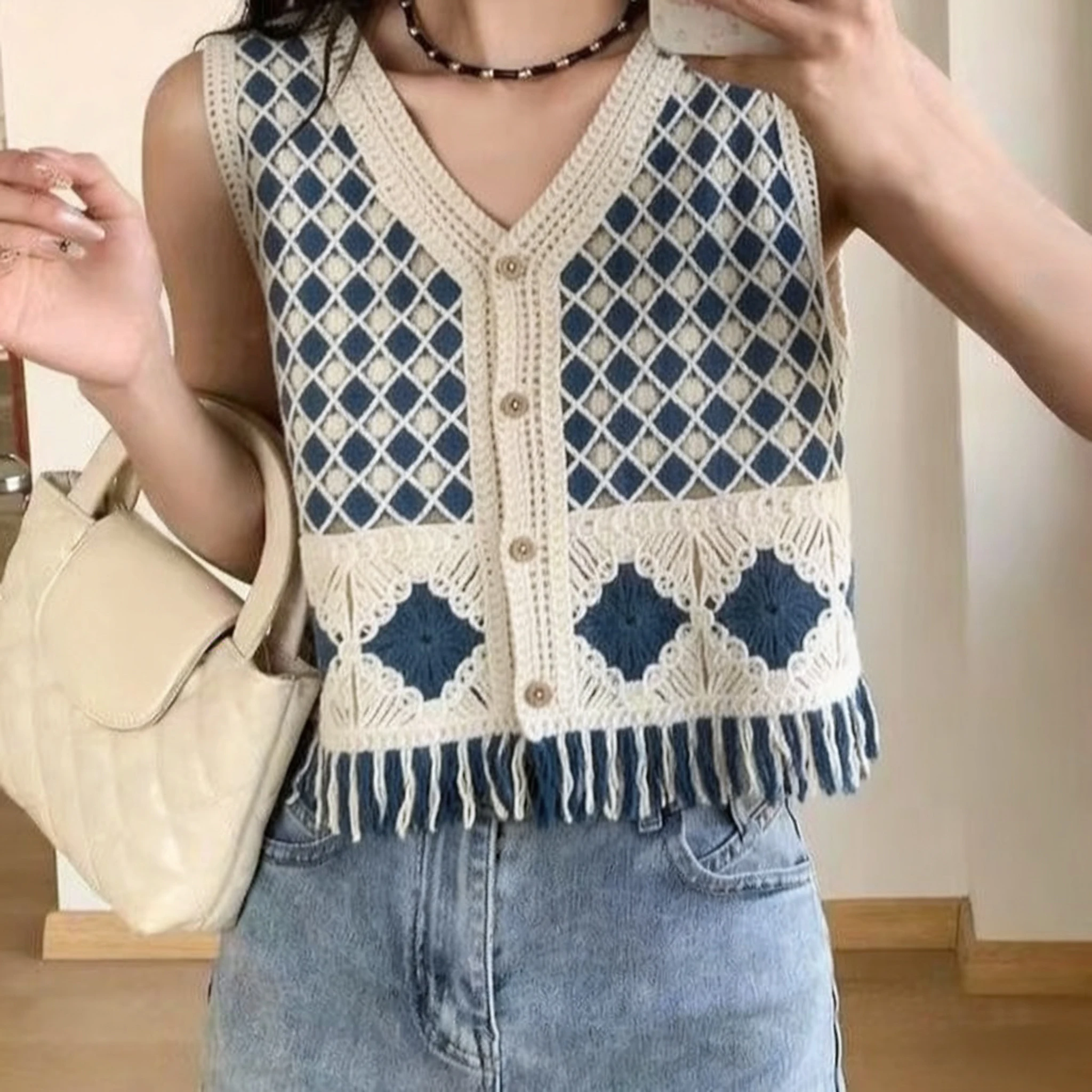 Women Crochet Vest Fringed Button-Front Sleeveless Openwork Knit Waistcoat Cardigan Top Boho Vacation Beach Spring Summer 2026