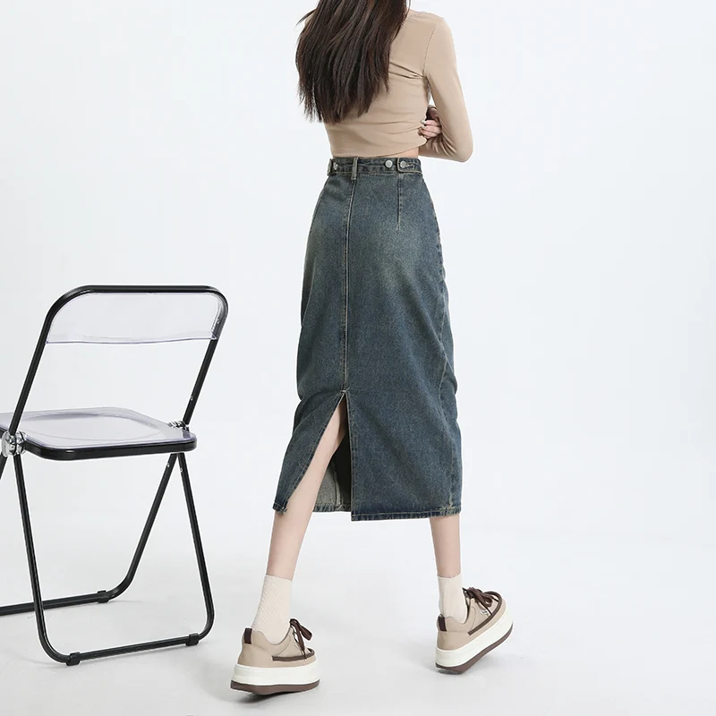 تنانير طويلة من الجينز باللون الوردي العتيق من FINEWORDS تنانير متوسطة مستقيمة عالية الخصر غير رسمية ملابس صيفية تنانير هاراجوكو جينز منقسم