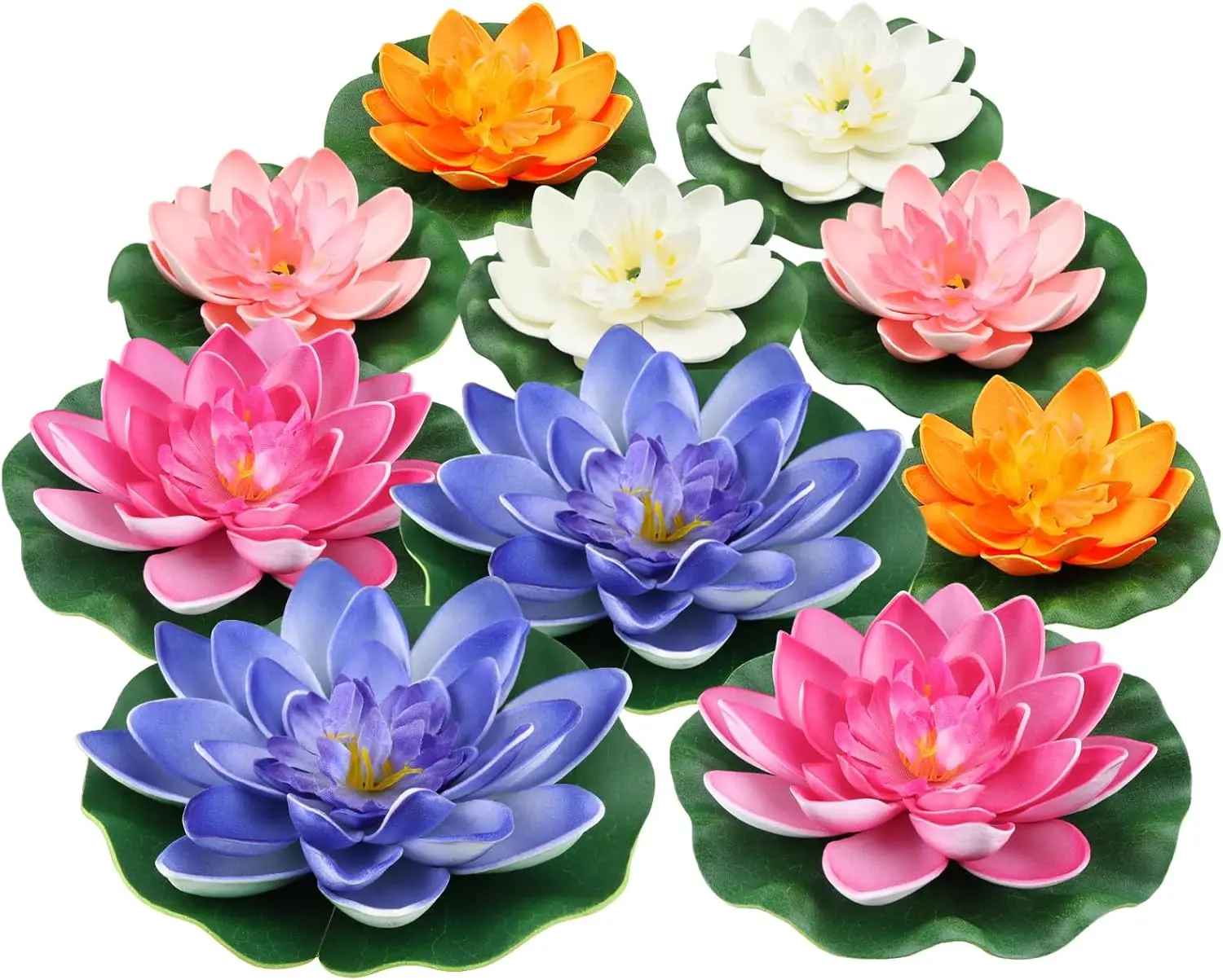 10PCS 3 Sizes Artificial Foam Lotus Floating Flowers with Water Lily Pad Ornaments for Home Garden Pond Decor Pools Water Decora