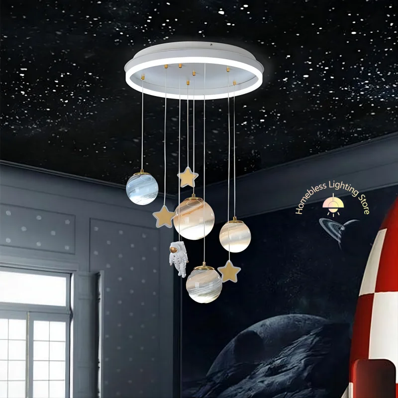 Modern Minimalist Children Entertainment Area Ceiling Lamp Teen Bedroom Astronaut Space Star Glass Lustre Fixtures D50