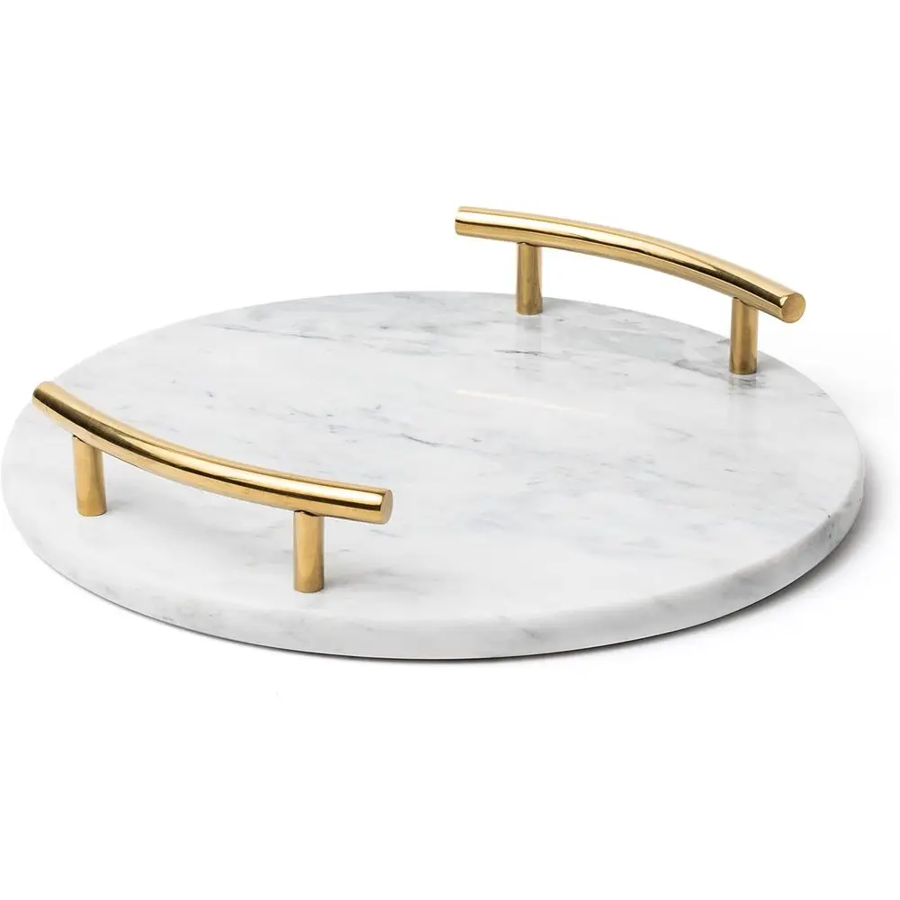 

White Marble Tray with Gold Handles - Elegant Solid Marble - Chic ern Elegant Round Vanity Tray or Bathroom