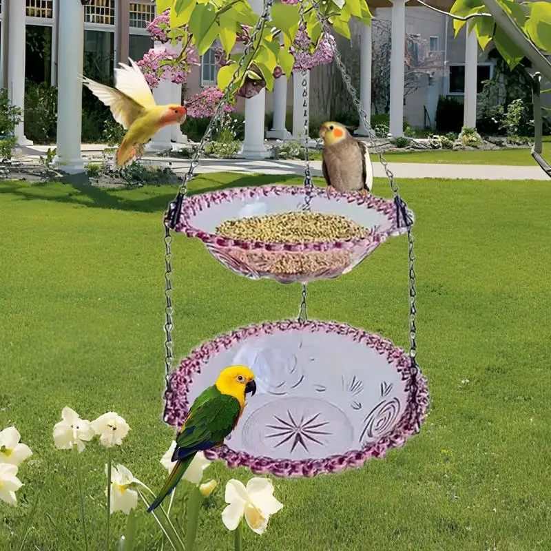 Garden Bird Bath Double Layers Outdoor Bird Feeder Clear Birdbath Garden Decor Metal Chain Weatherproof Feeding Supplies Eat