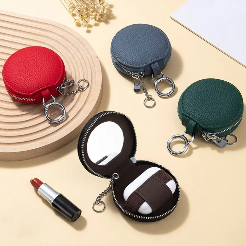 

Genuine Leather Coin Purse Bag Pendant Decor With Mirror Round Wallet Keychain Zipper Closure Lipstick Storage Bag Bluetooth
