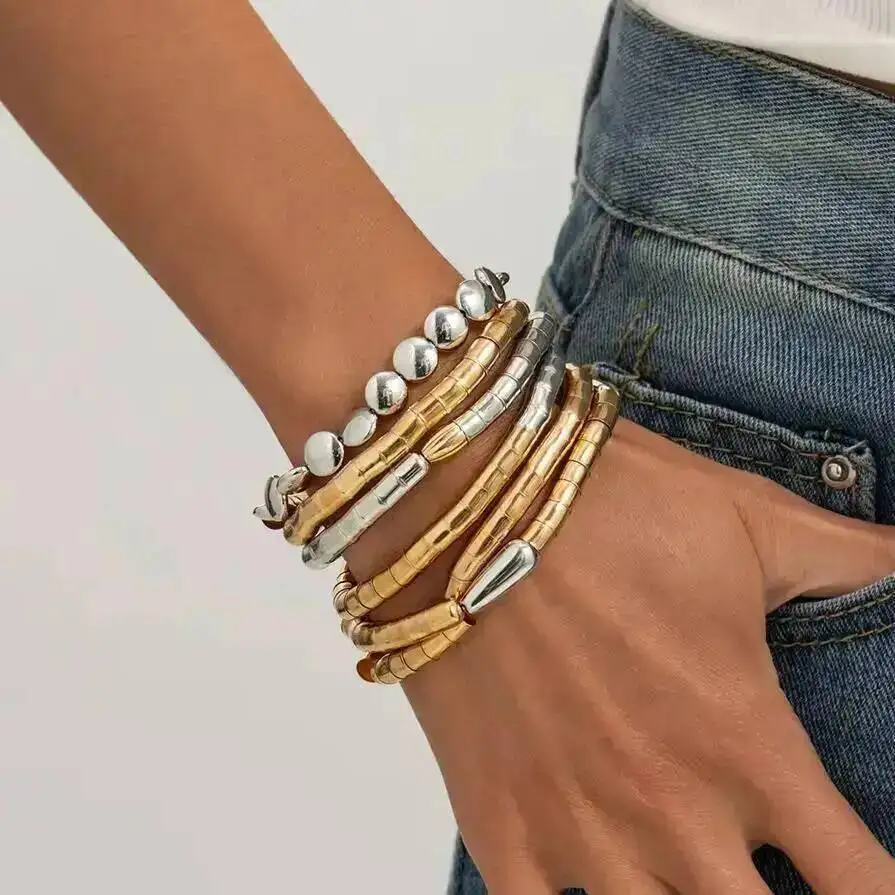 SHIXIN 6 Pcs/Set Vintage Multilayer Handmade Woven Bracelet Women Punk Gold Silver Color Blocking Stack Bangle Banquet Jewelry