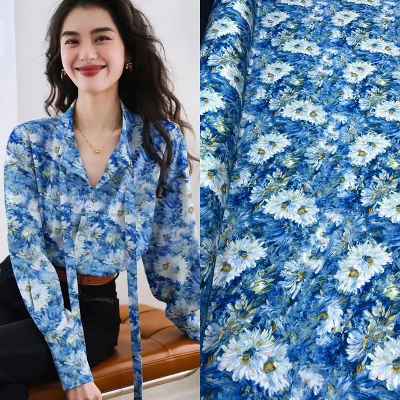 Dutch Classic Painting Sunflower Type Silk Fabric Fashion Light Luxury Dress Shirt Clothing Textile Trend Sewing Manual Women