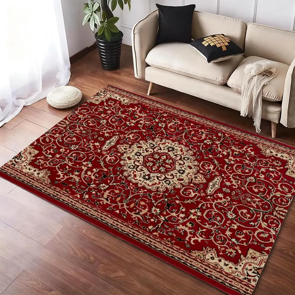 Roter Perserteppich-Bodenmatte, Flanell-Teppiche, gemütlicher Plüsch, verdickt, weich, warm, Winter-Bodenmatte, rutschfest, für Wohnzimmer, Zuhause, Innenbereich