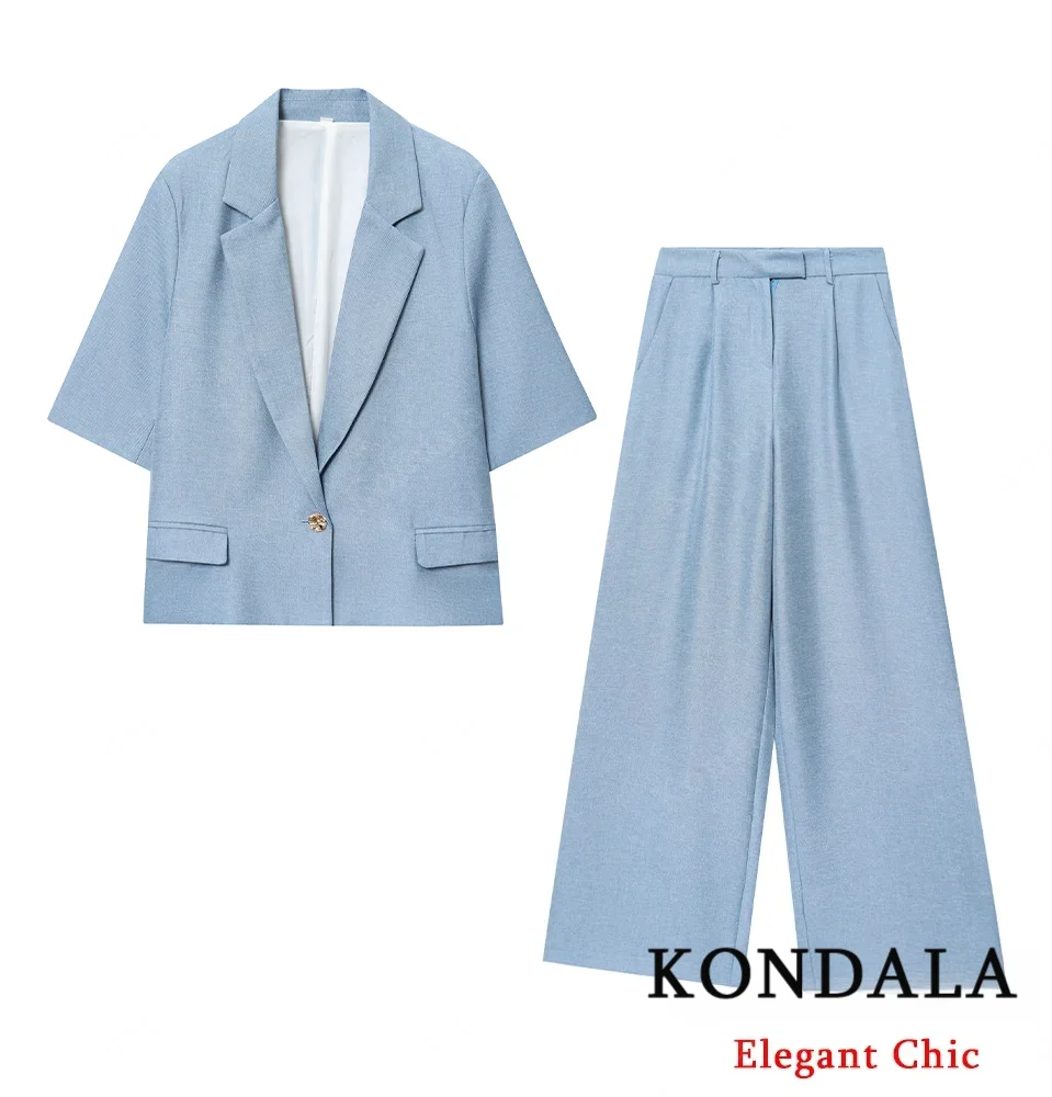 

KONDALA элегантный женский синий комплект, блейзер на одной пуговице, брюки с карманами и высокой талией, весна-осень 2021, модный офисный женский комплект для поездок на работу