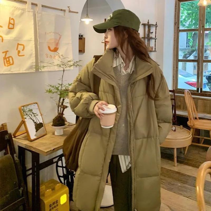 2023 New Thick Warm Long Parka Women Puffer Jacket Down Cotton Padded Cotton Jacket Pocket Korean Fashion Outerwear Vintage Coat