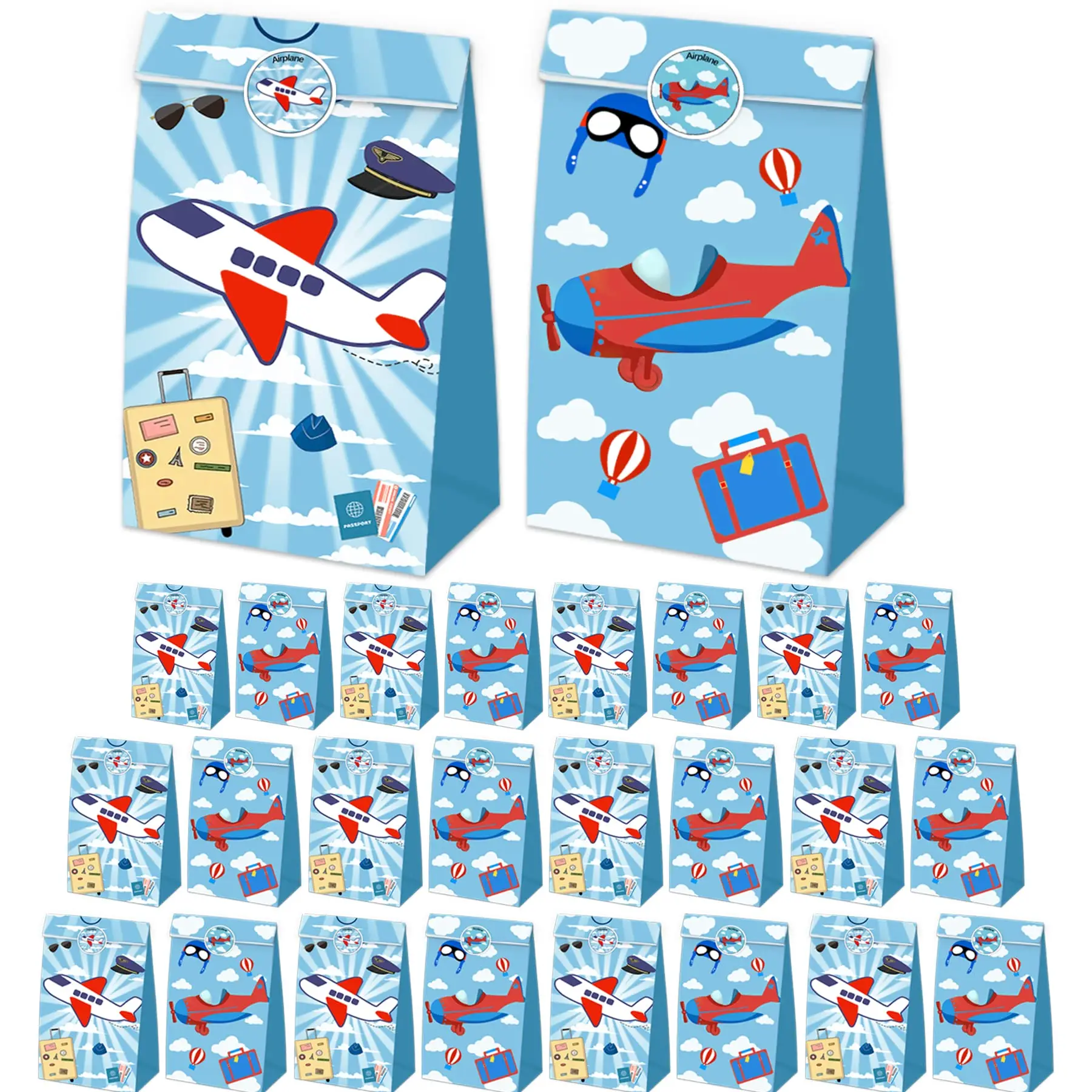 12pc Cartoon Airplane Goodie Bags Kraft Paper Candy Bag with Stickers Aviator Adventure Theme Birthday Party Supplies Kids Gifts