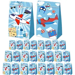 12pc Cartoon Airplane Goodie Bags Kraft Paper Candy Bag with Stickers Aviator Adventure Theme Birthday Party Supplies Kids Gifts