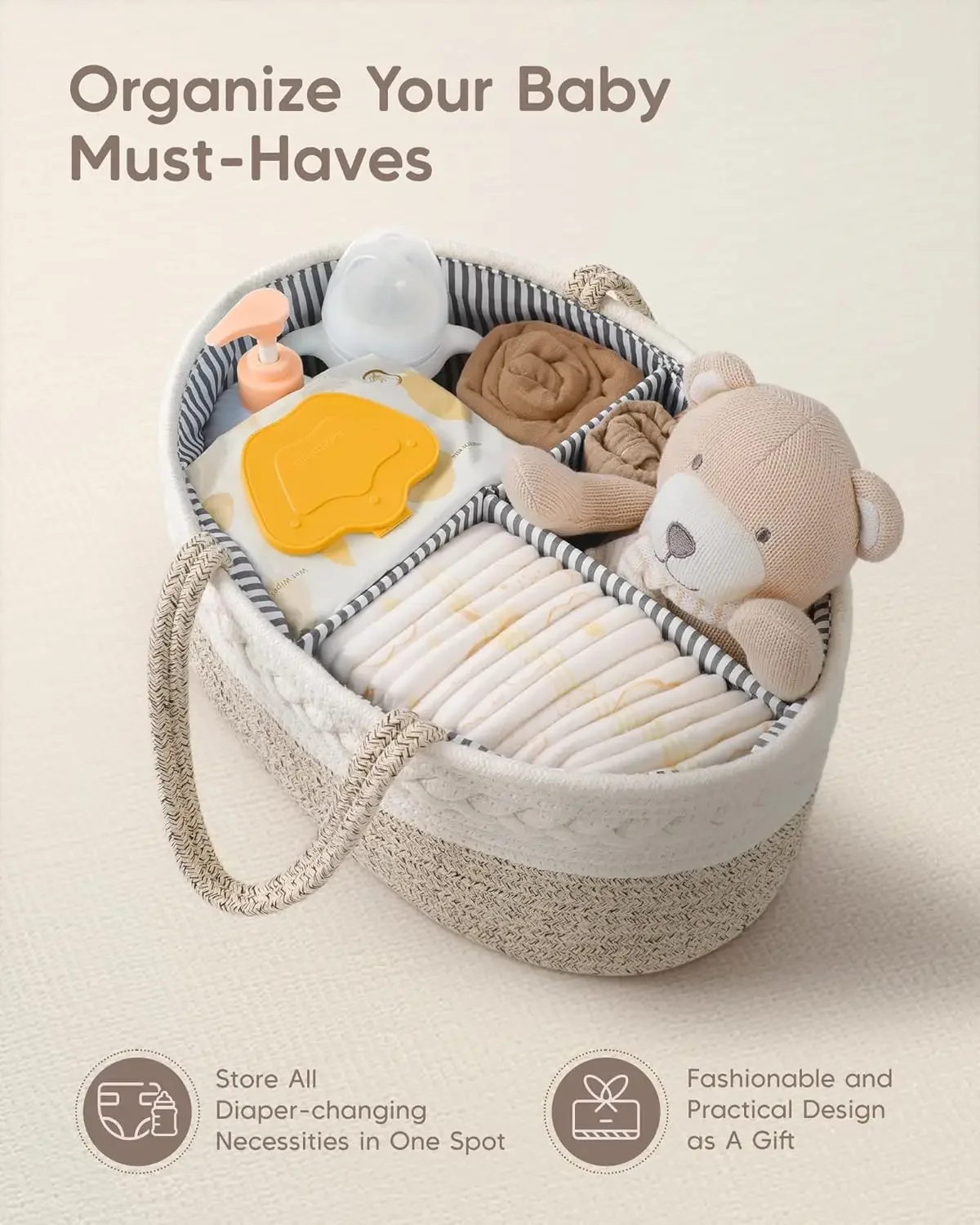Diaper Caddy Organizer for Baby, Portable Cotton Rope Basket Diaper Storage Organizer For Nursery Newborn, baby essentials
