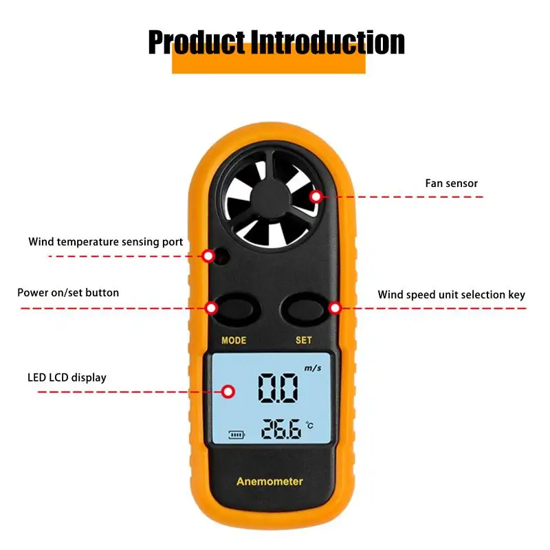 La scala della velocità del vento dell'aria misura accuratamente la velocità e la temperatura del vento Anemometro digitale Anemometro intelligente tascabile
