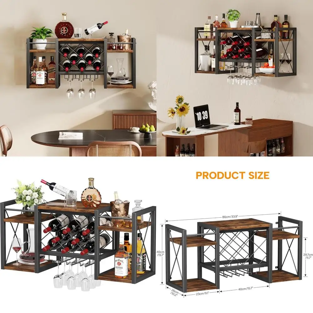 

Vintage Wall Wine Rack with Glass Holder - Metal and Wood Bar Shelf for Kitchen, Dining, and Home Bar Bottle Display