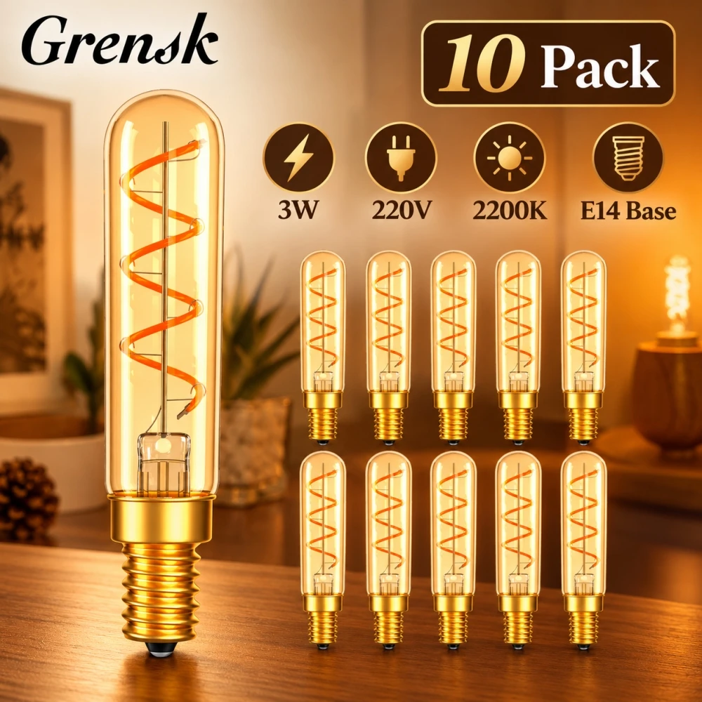 Grensk 10 Pack T20 LED Filament Bulbs E14 3W 220V 2200K Warm White Spiral Amber Glass Tube Lights for Chandeliers and Home Decor