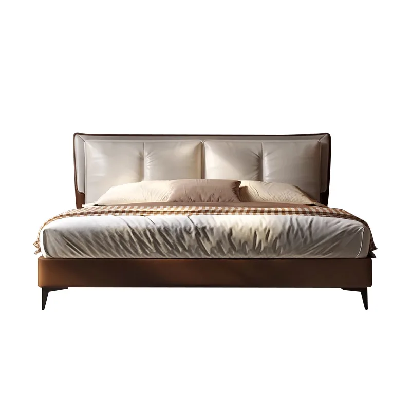 

Leather bed, minimalist first-layer single, cowhide modern minimalist, double solid wood bed